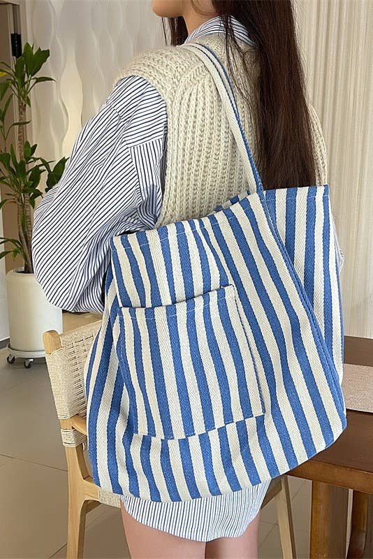 STRIPED TRENDING DOUBLE POCKET TOTE BAG | 40P561