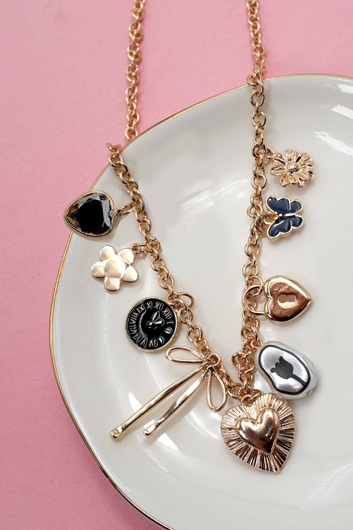 CHARM NECKLACE-HEART CLOCK BOW LOCK CHARMS | 80N91815