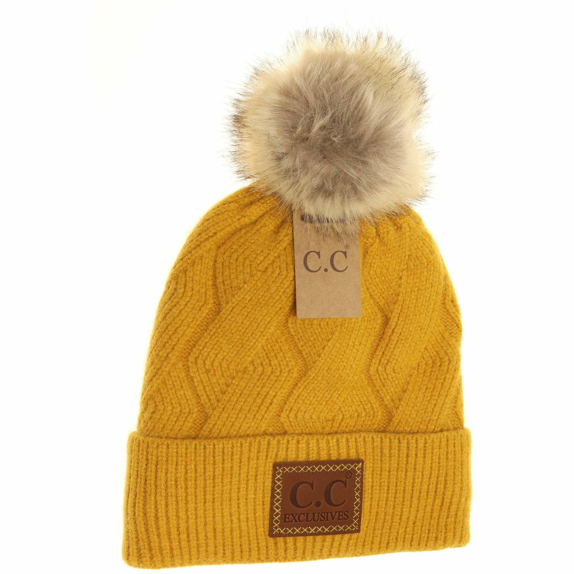 Geometric Knit Faux Fur Pom Beanie HAT2298