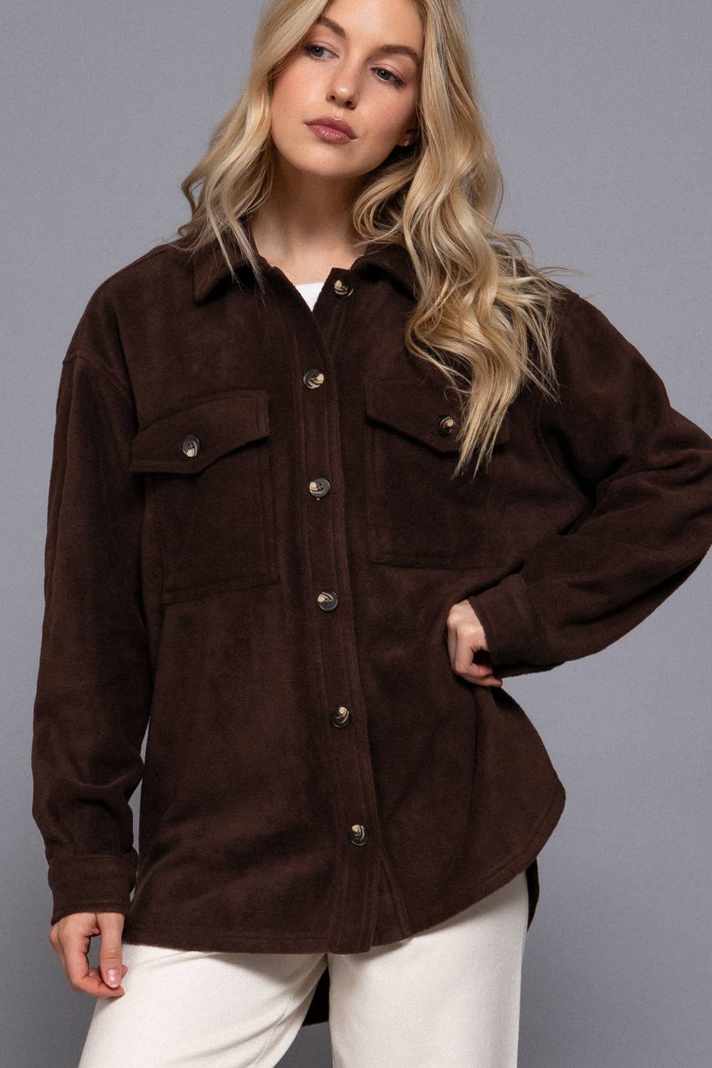Long Sleeve Notched Collar Front Pocket Fleece Jacket