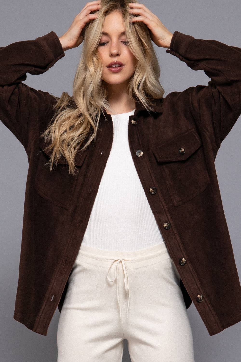 Long Sleeve Notched Collar Front Pocket Fleece Jacket