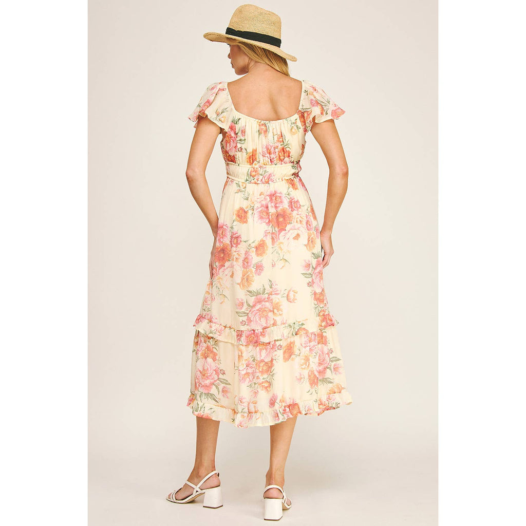 FLUTTER SLEEVE FLORAL TIERED MIDI DRESS