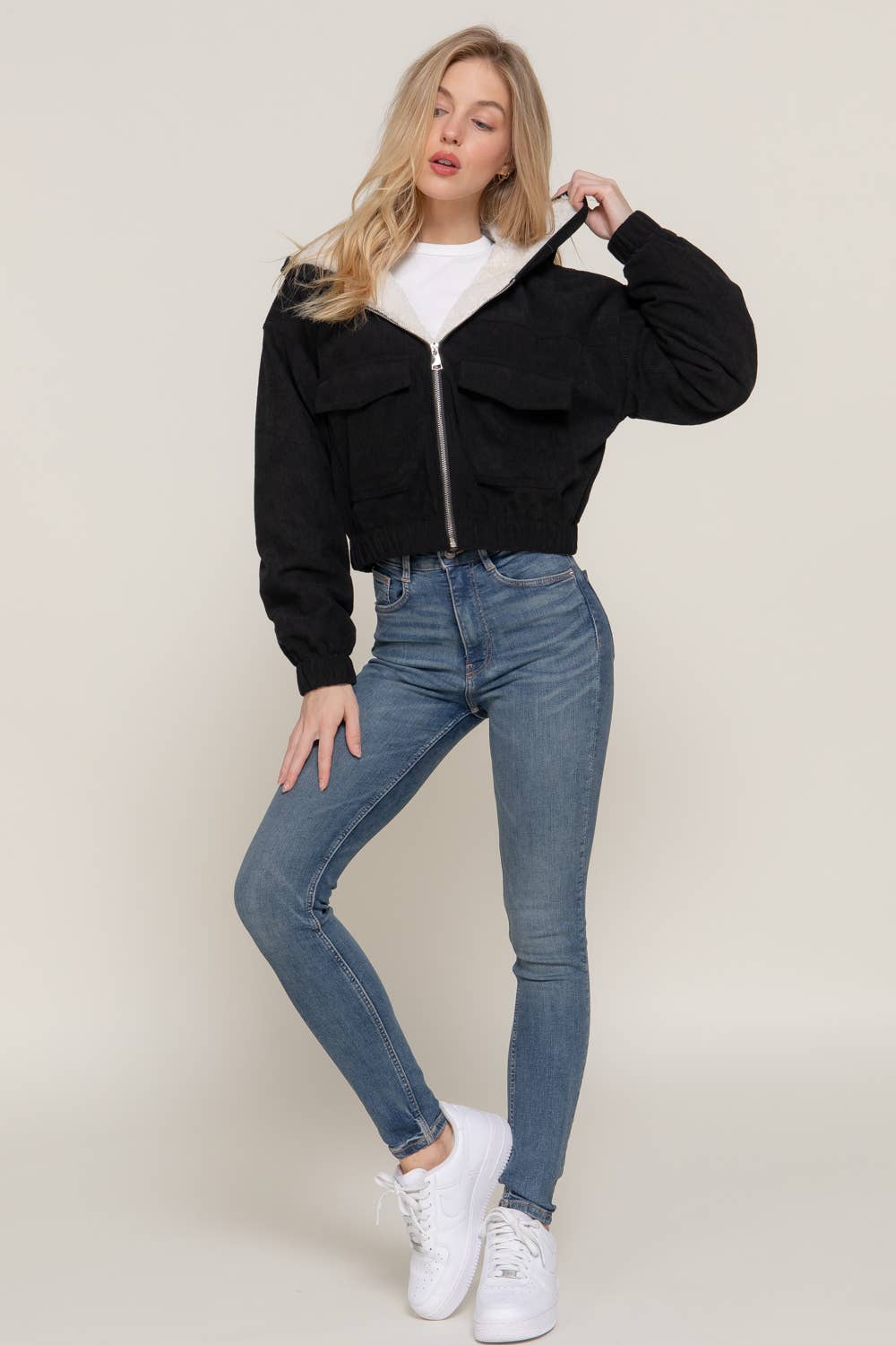 Long Sleeve Hoodie Inside Fur Corduroy Zip Up Jacket