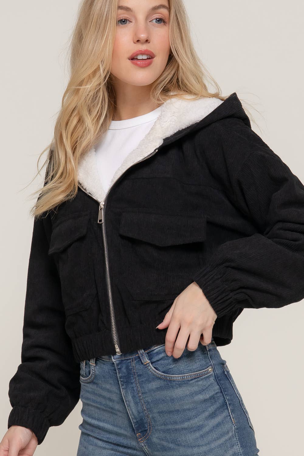 Long Sleeve Hoodie Inside Fur Corduroy Zip Up Jacket