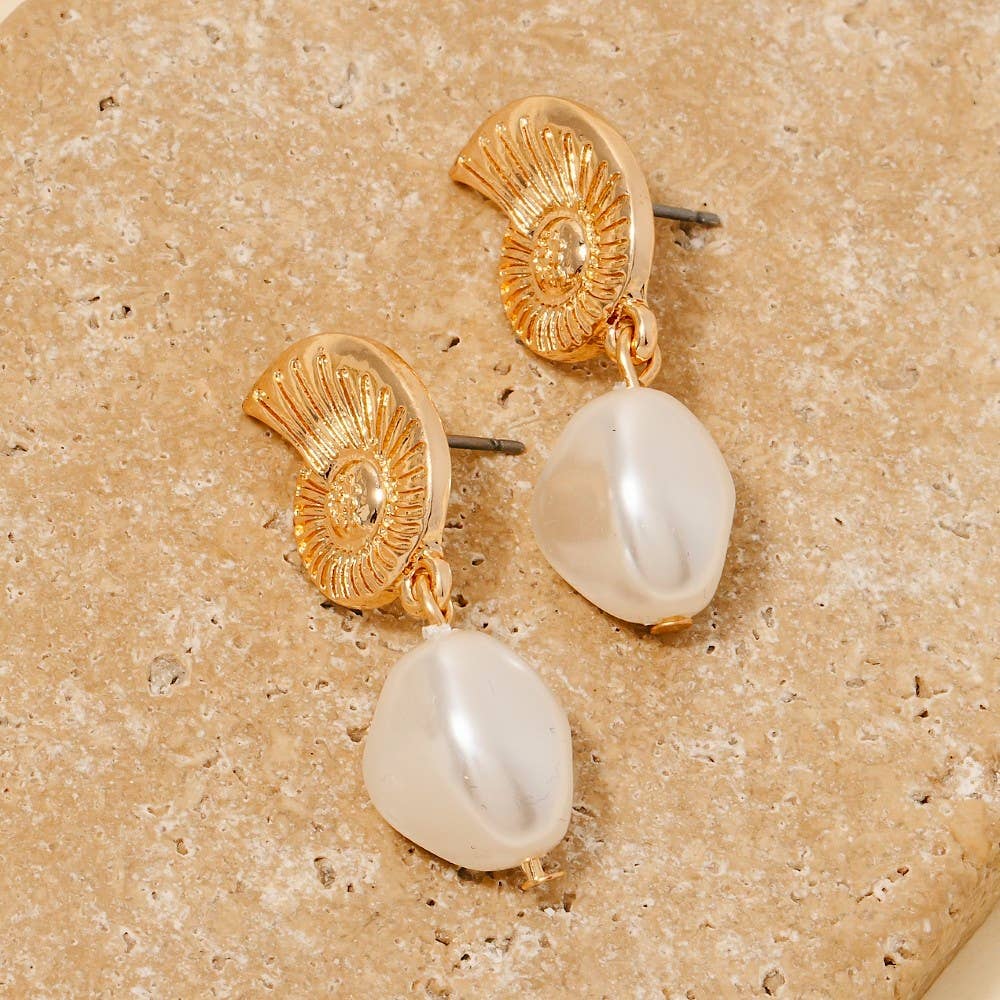 Metallic Sea Shell And Pearl Bead Charm Dangle Earrings