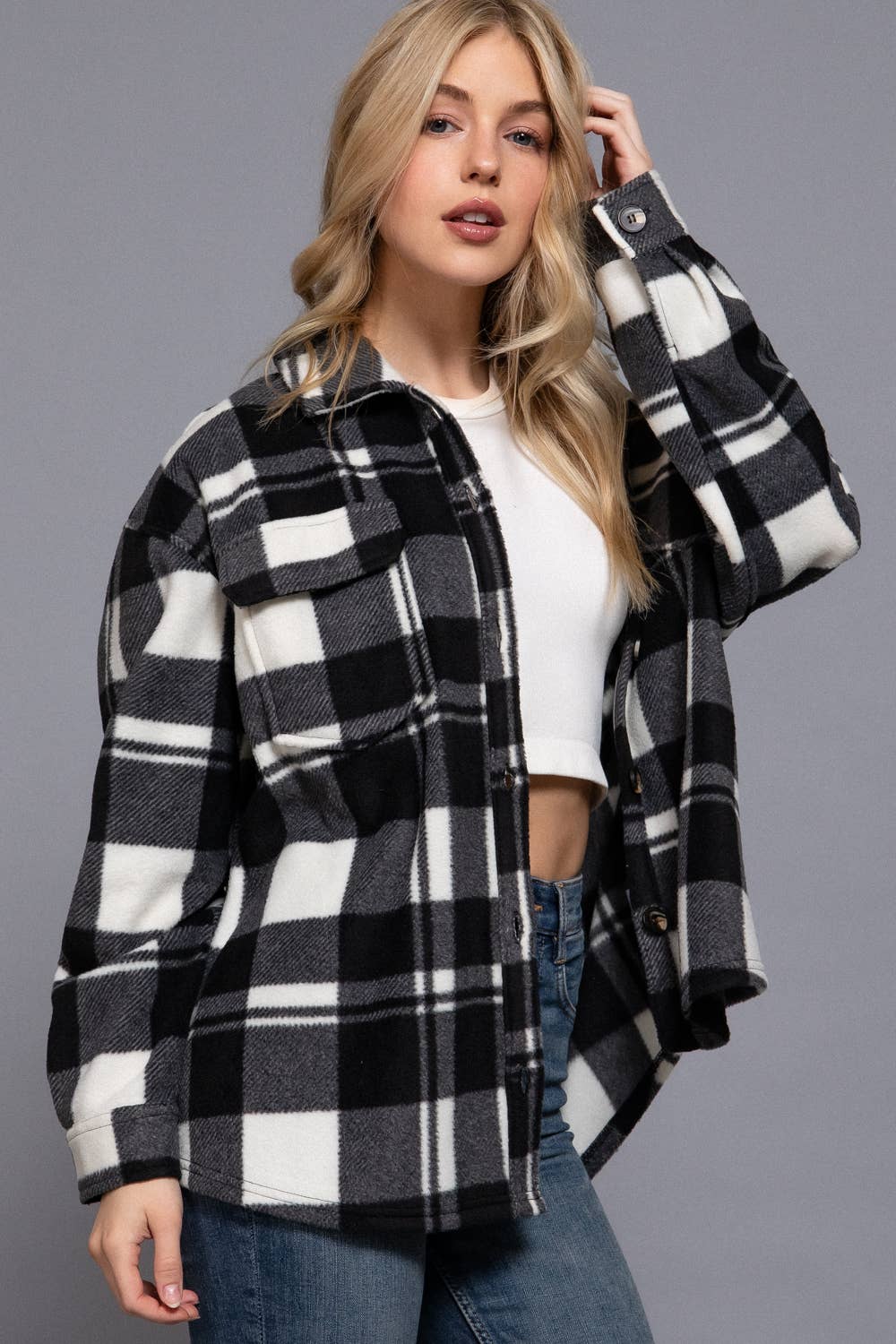 Long Sleeve Check Printed Fleece Shacket