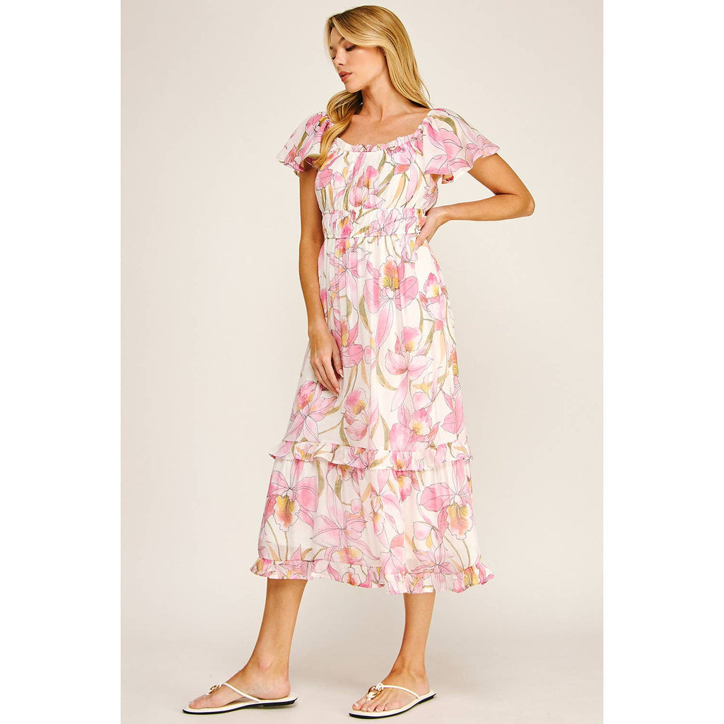 FLUTTER SLEEVE FLORAL TIERED MIDI DRESS