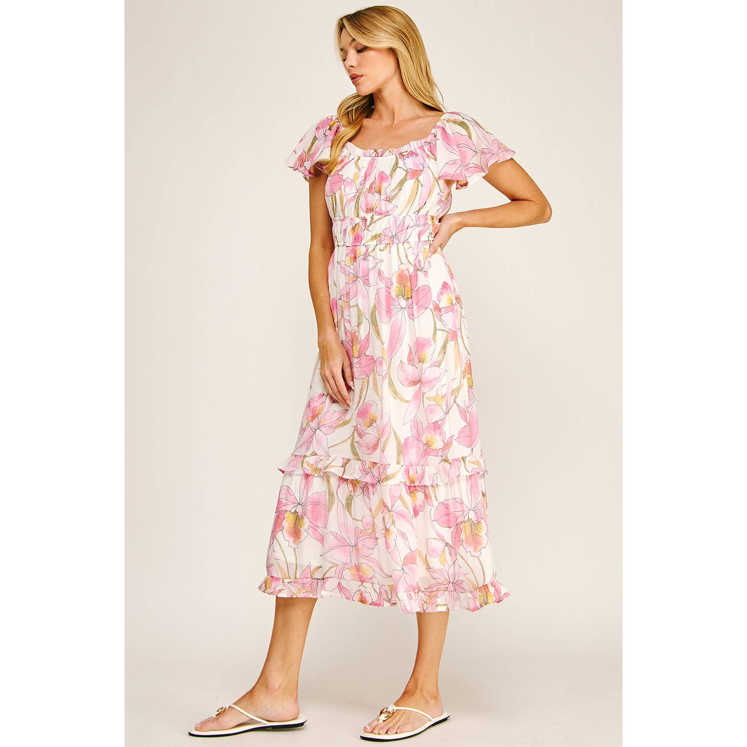 FLUTTER SLEEVE FLORAL TIERED MIDI DRESS