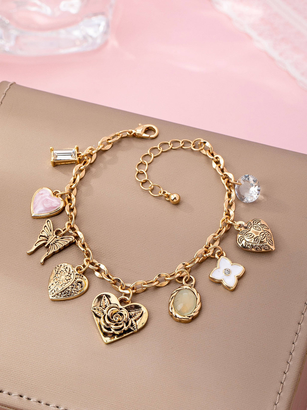 Gold Charm Bracelet with Hearts & Flowers | 80B1652
