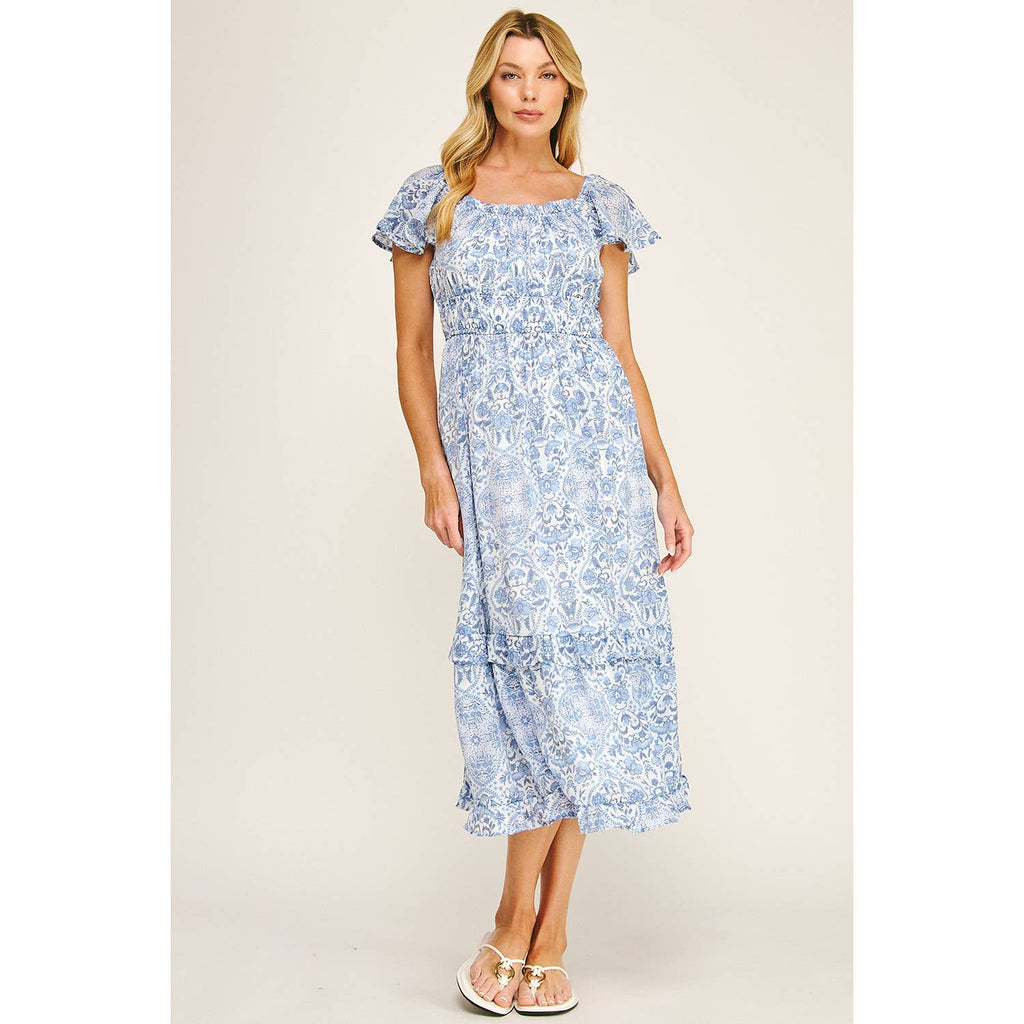 FLUTTER SLEEVE FLORAL TIERED MIDI DRESS