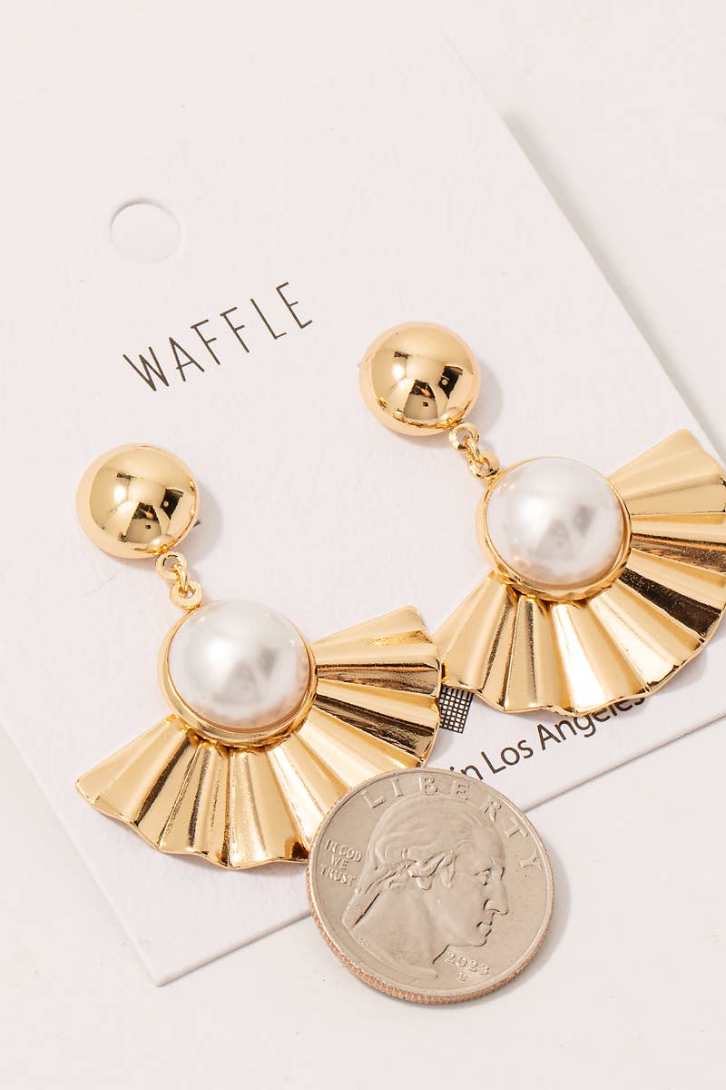 Pearl Stud Metallic Fan Dangle Earrings