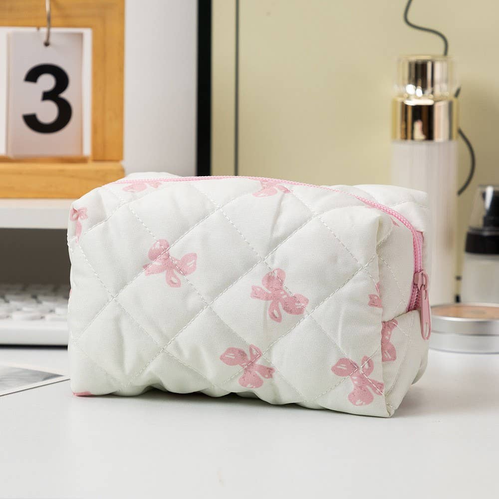 QUILTED COTTON CHECKER BOW COSMETIC POUCH BAG | 40P569
