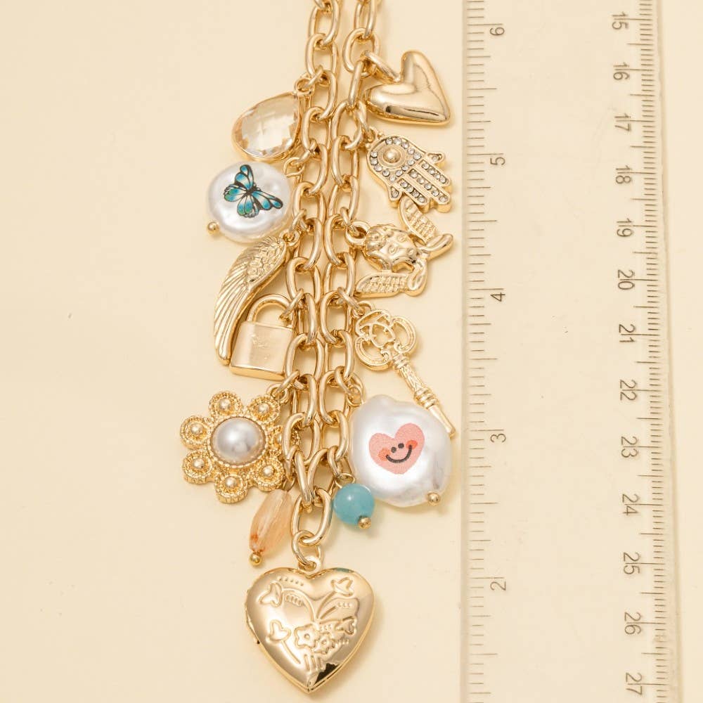 Assorted Charms And Heart Locket Chain Necklace