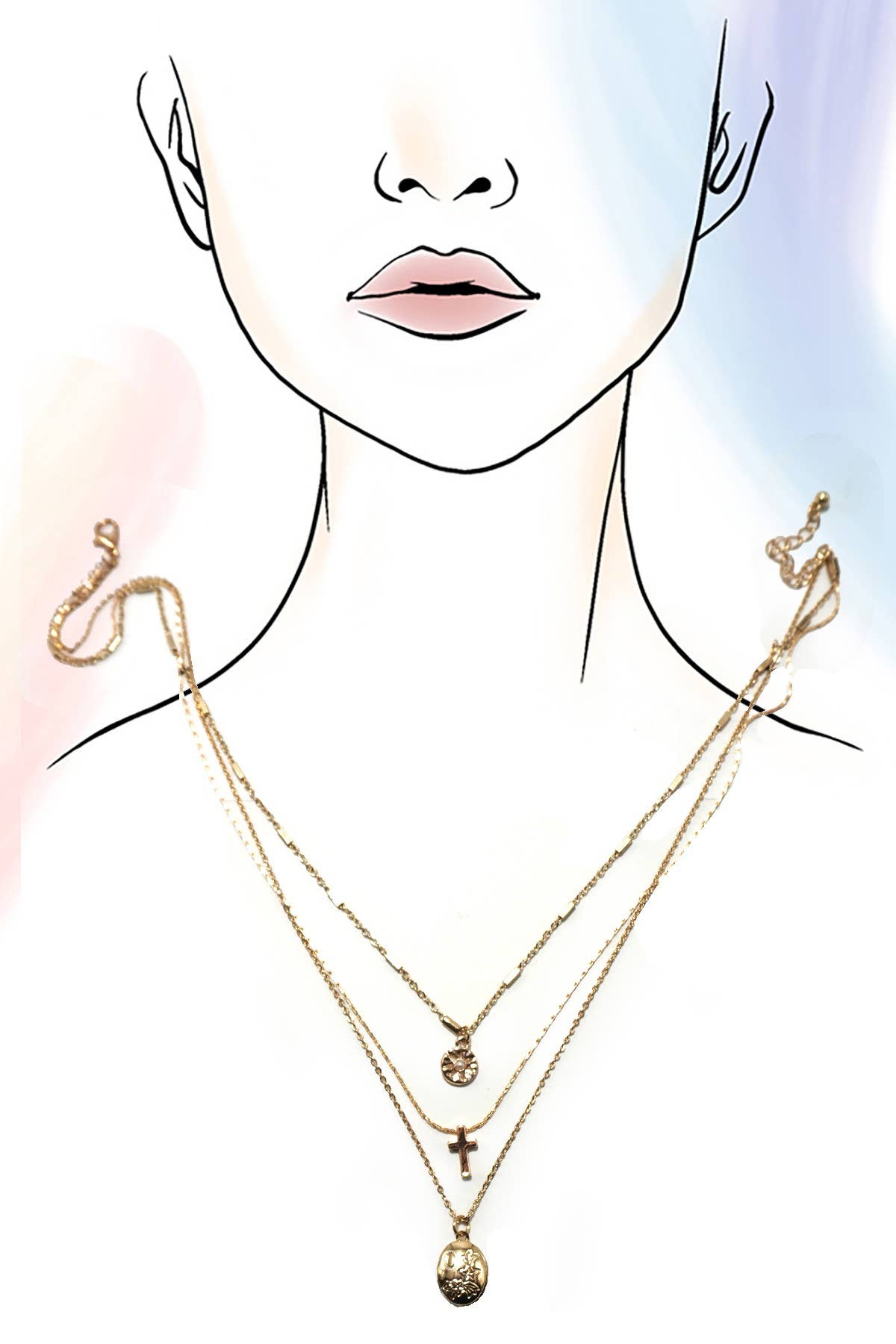 MULTI LAYER LOCKET CROSS CHARM NECKLACE | 80N1073