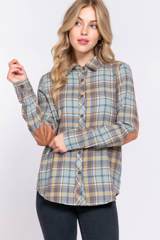 Long Sleeve with Suede Patch Button Down Plaid Shirt