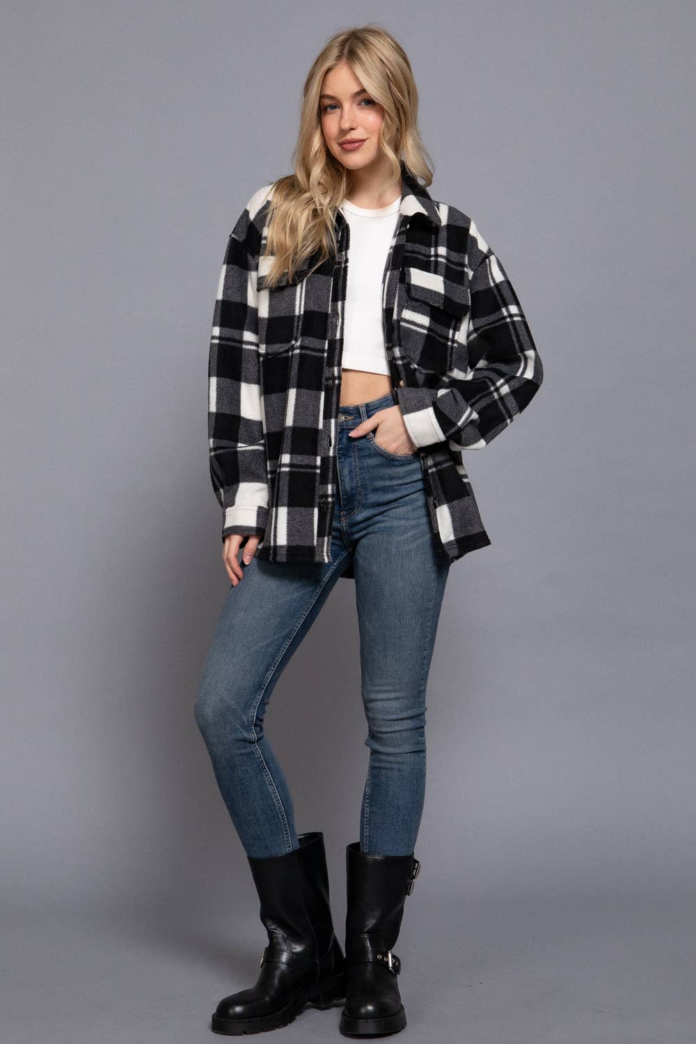 Long Sleeve Check Printed Fleece Shacket