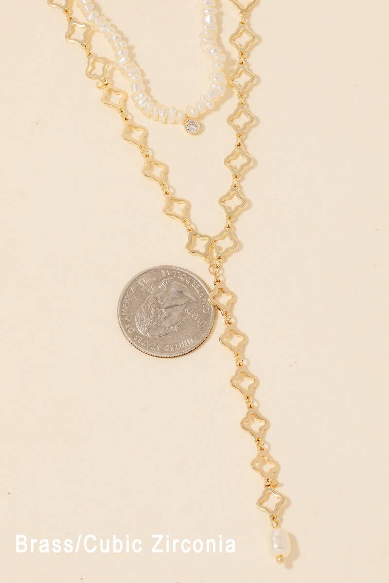 Pearl Beaded And Clover Y  Chain Layered Pendant Necklace