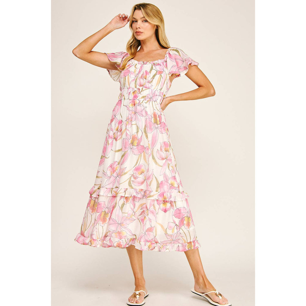 FLUTTER SLEEVE FLORAL TIERED MIDI DRESS