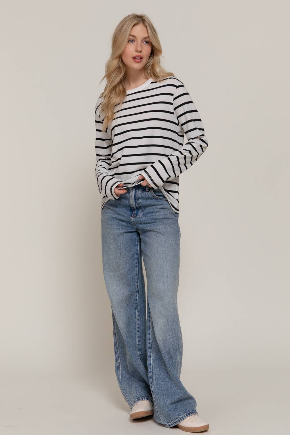 Long Sleeve Round Neck Neck Y/D Stripe Tee