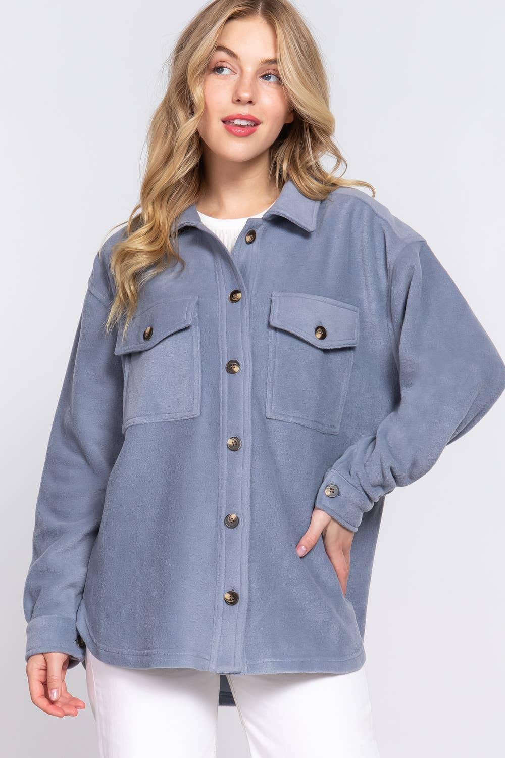 Long Sleeve Notched Collar Front Pocket Fleece Jacket