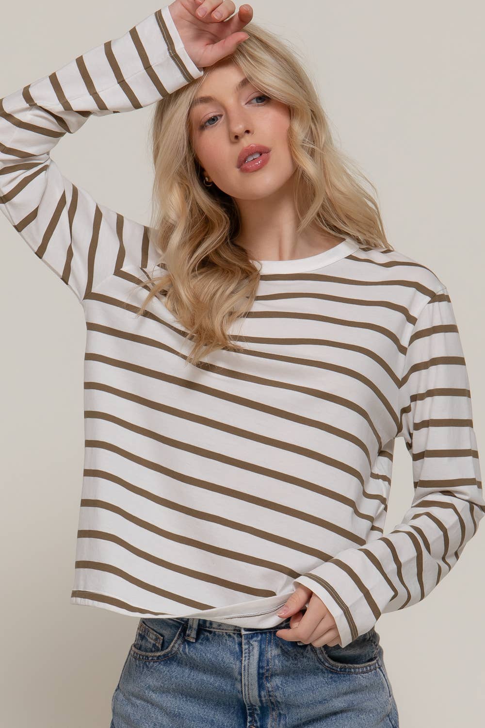 Long Sleeve Round Neck Neck Y/D Stripe Tee