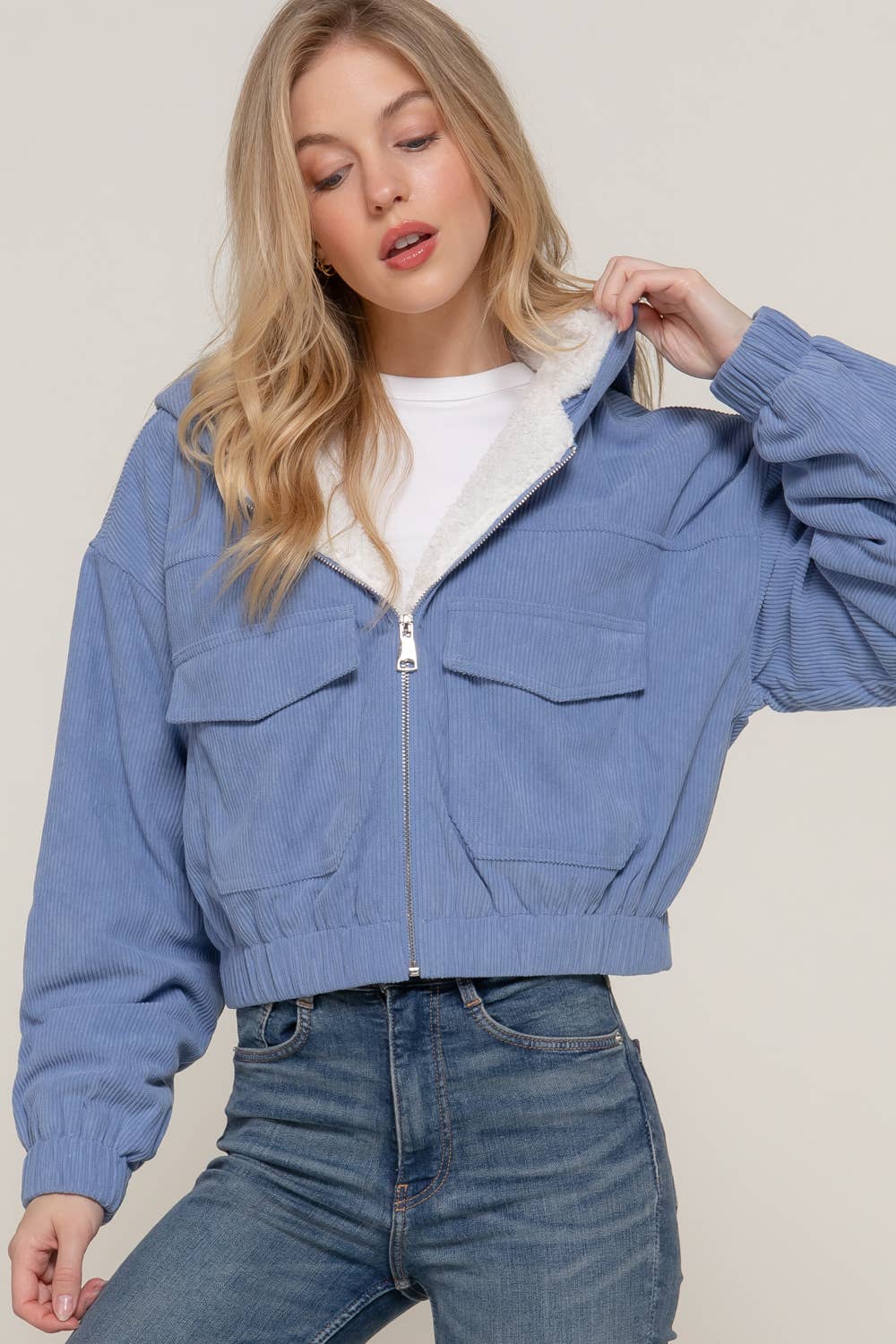 Long Sleeve Hoodie Inside Fur Corduroy Zip Up Jacket