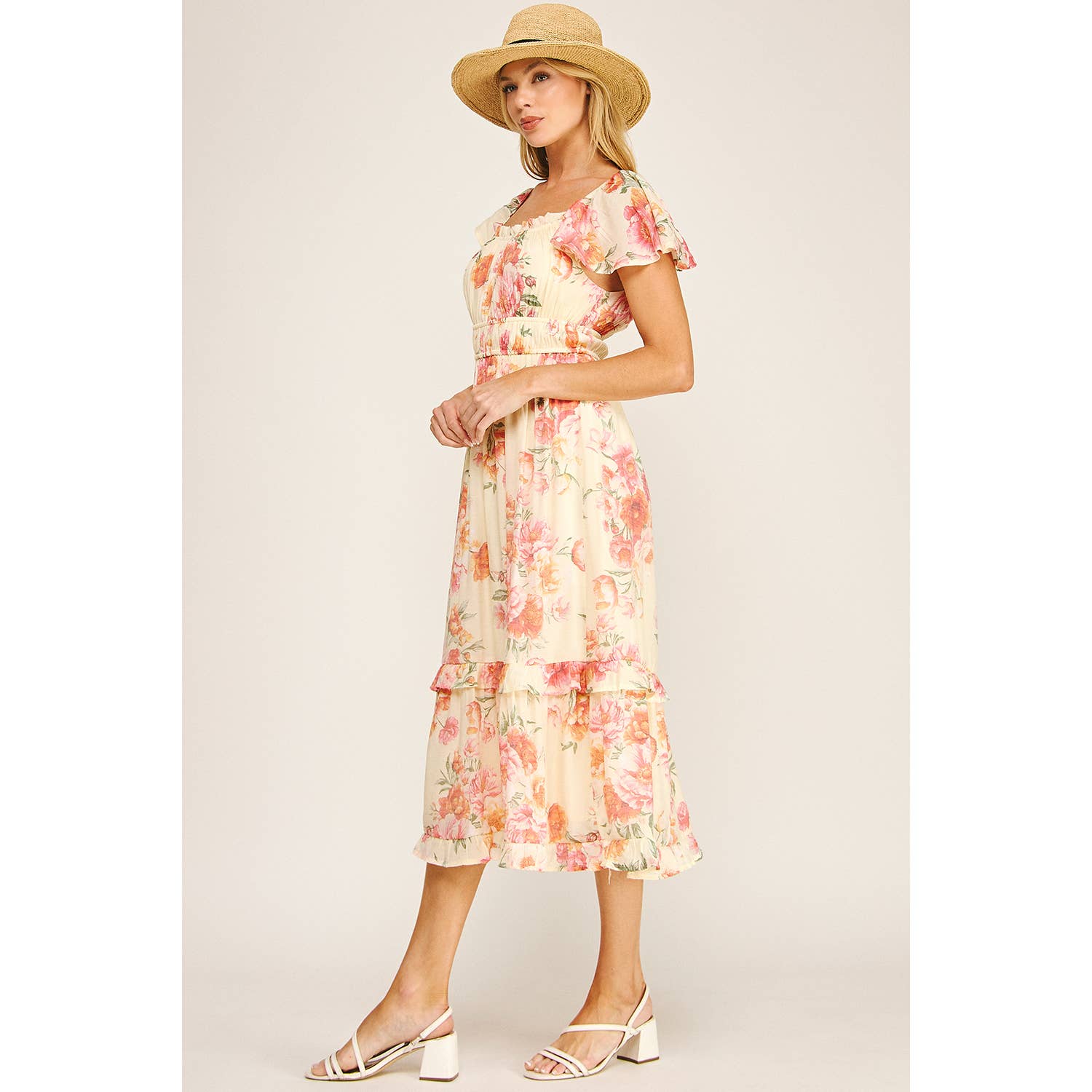 FLUTTER SLEEVE FLORAL TIERED MIDI DRESS