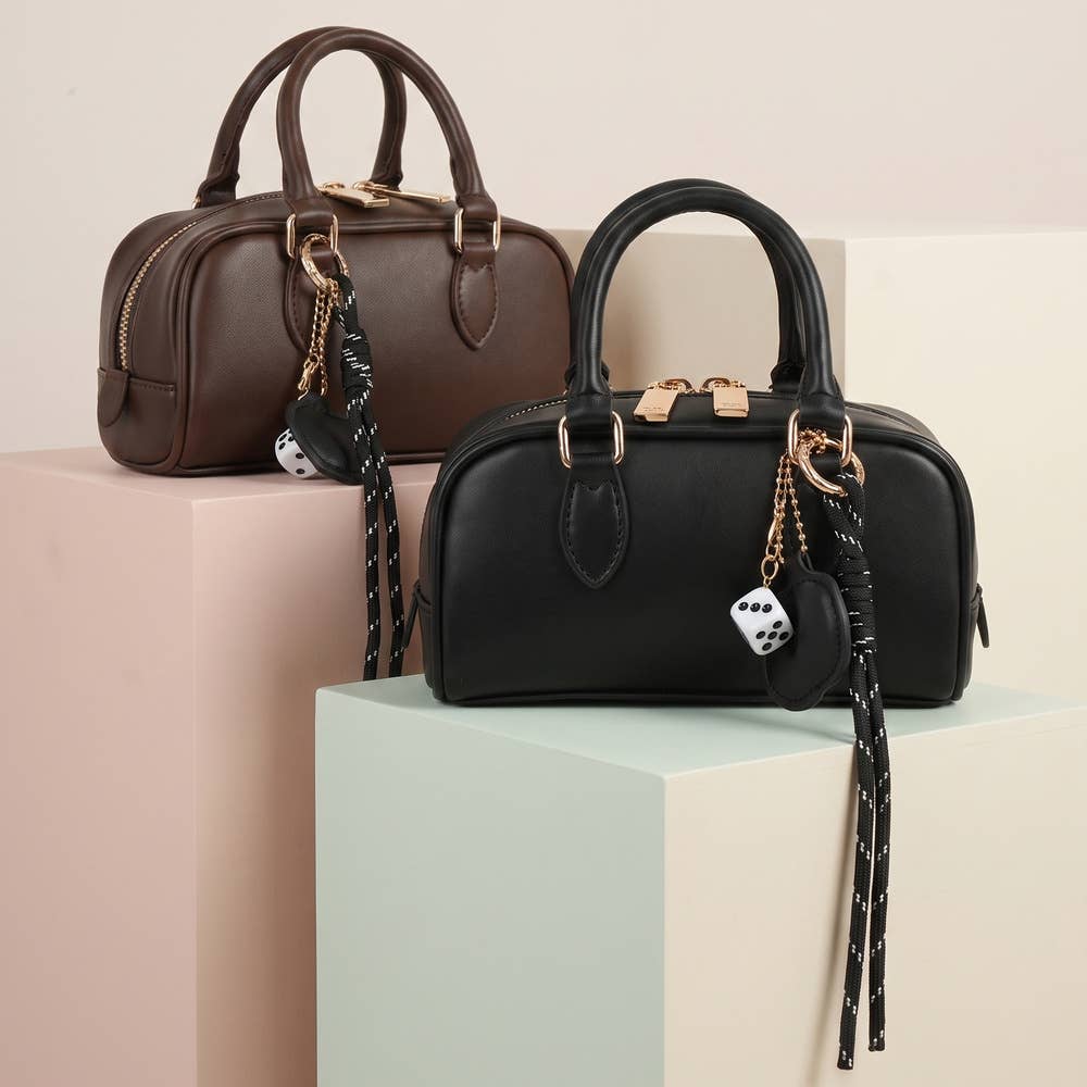 Vegan Leather Mini Boston Bag With Dice Charm
