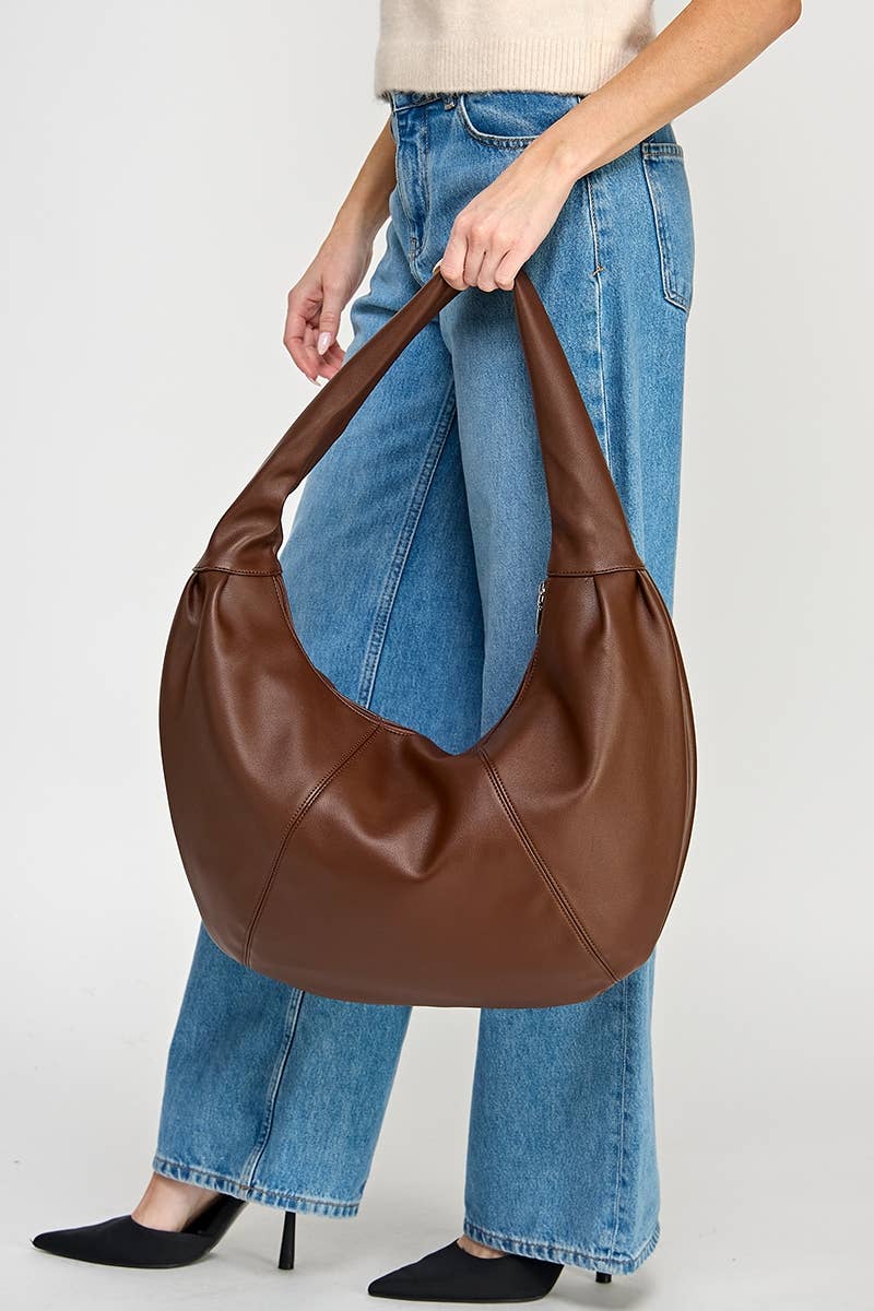 Panel Stitch Crescent Faux Leather Shoulder Bag
