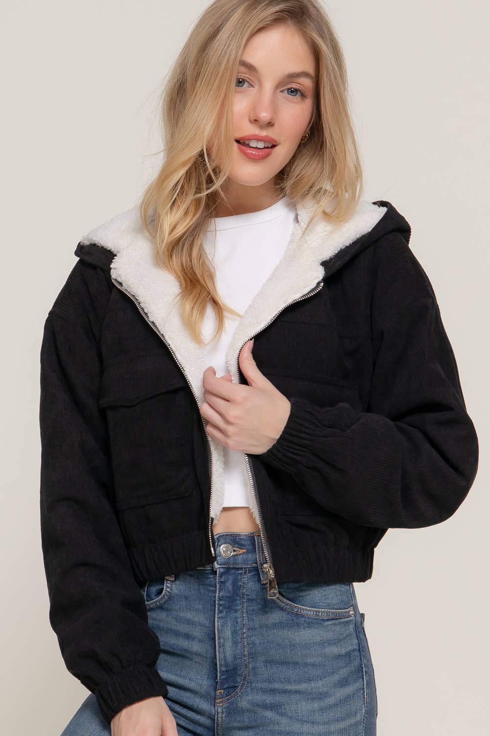 Long Sleeve Hoodie Inside Fur Corduroy Zip Up Jacket