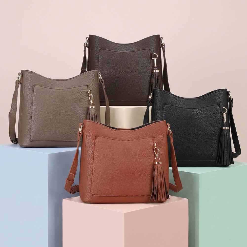 Vegan Leather Tassel Bucket Shoulder Bag