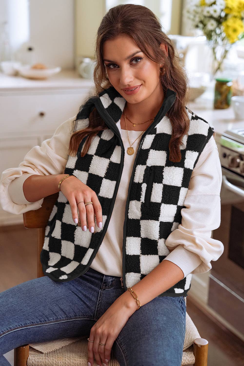 Checkered Sherpa Collared Jacket Vest
