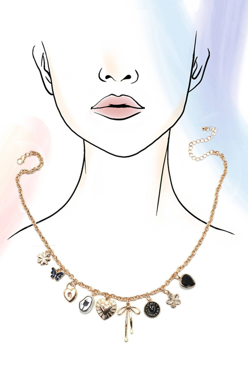 CHARM NECKLACE-HEART CLOCK BOW LOCK CHARMS | 80N91815