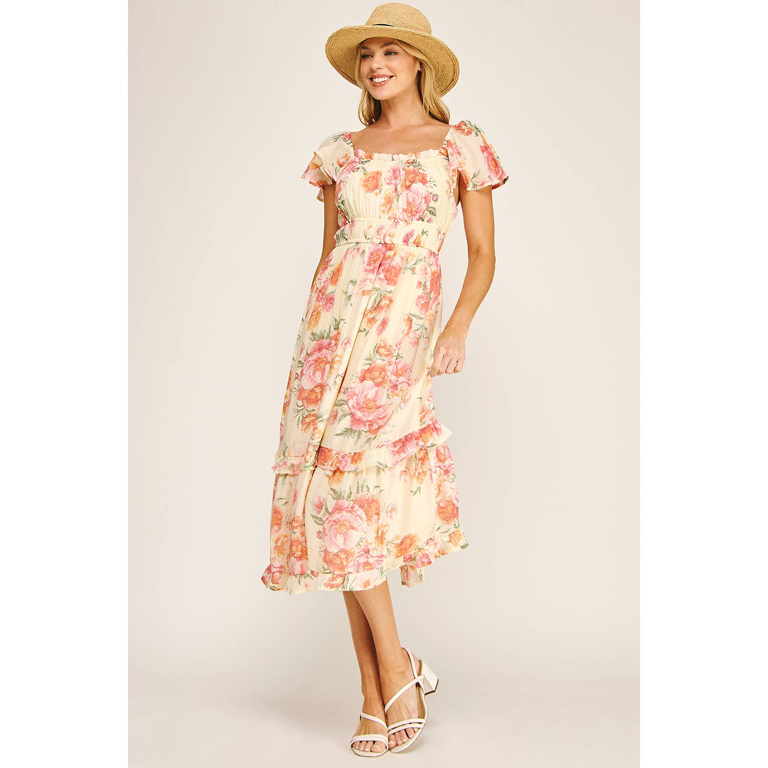 FLUTTER SLEEVE FLORAL TIERED MIDI DRESS