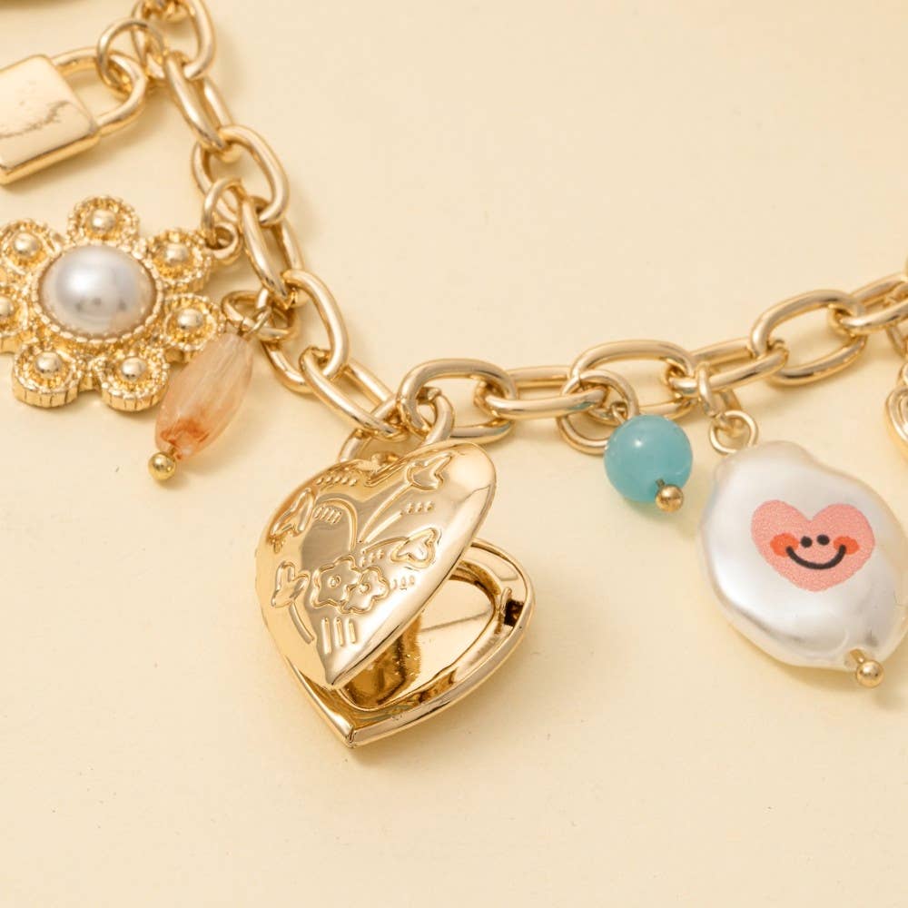 Assorted Charms And Heart Locket Chain Necklace