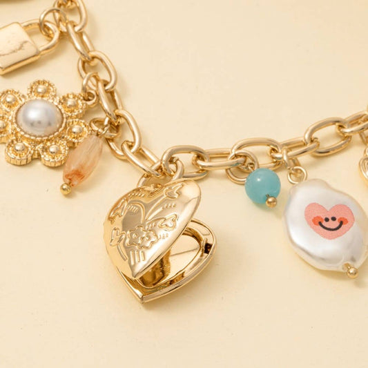 Assorted Charms And Heart Locket Chain Necklace