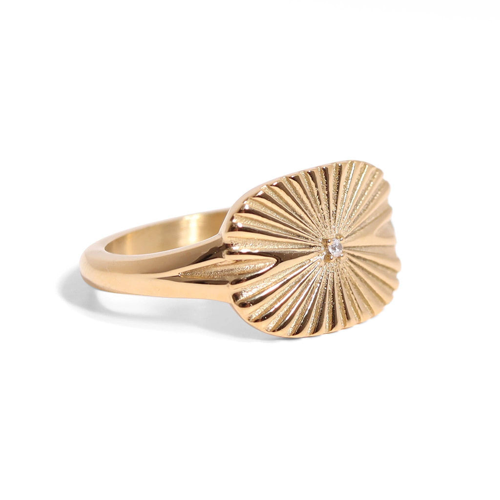 Gold Stainless Steel Cubic Zirconia Sunburst Rectangle Ring