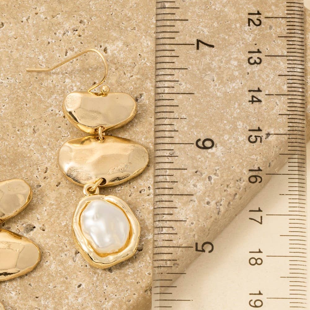 Warped Oval And Pearl Link Dangle Earrings