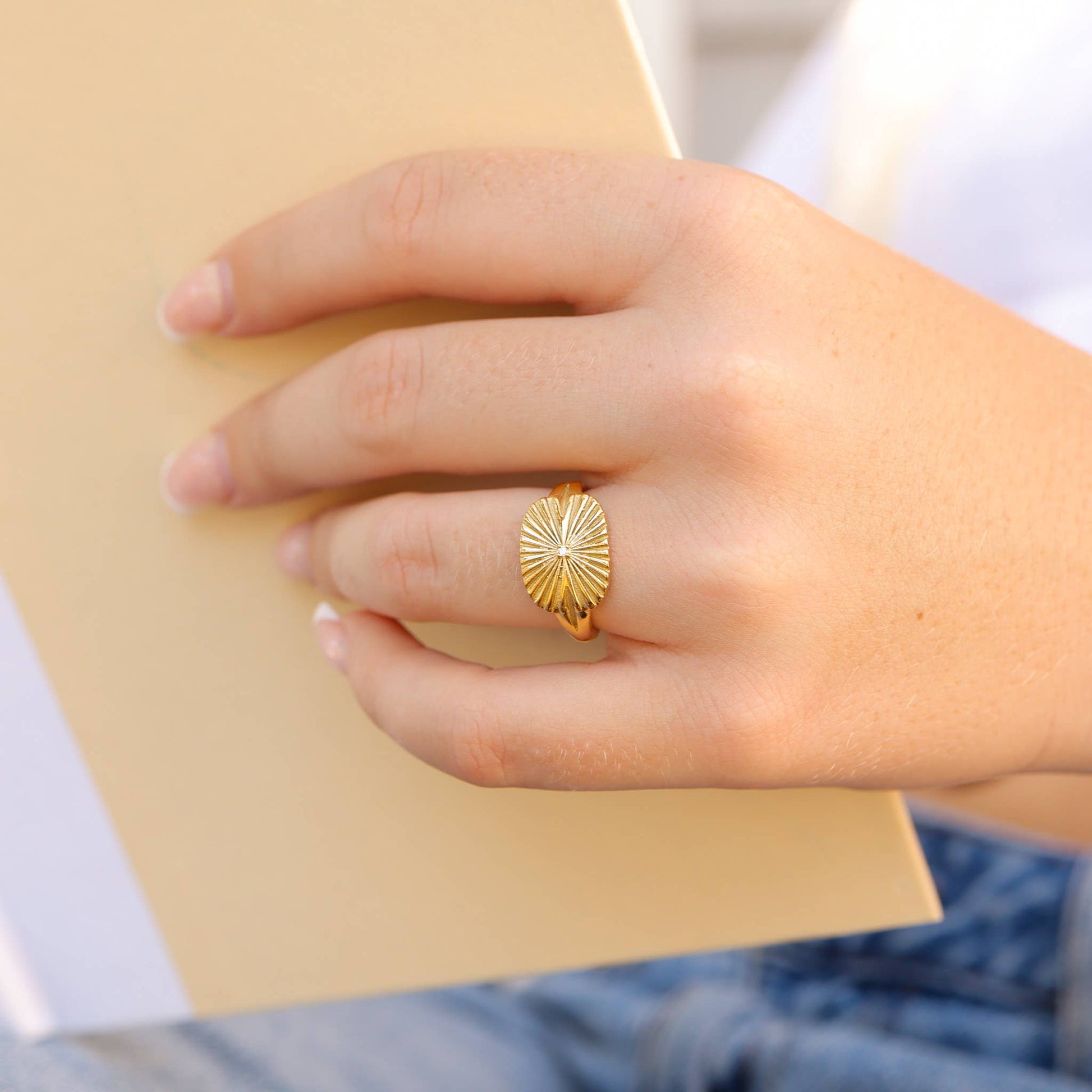 Gold Stainless Steel Cubic Zirconia Sunburst Rectangle Ring