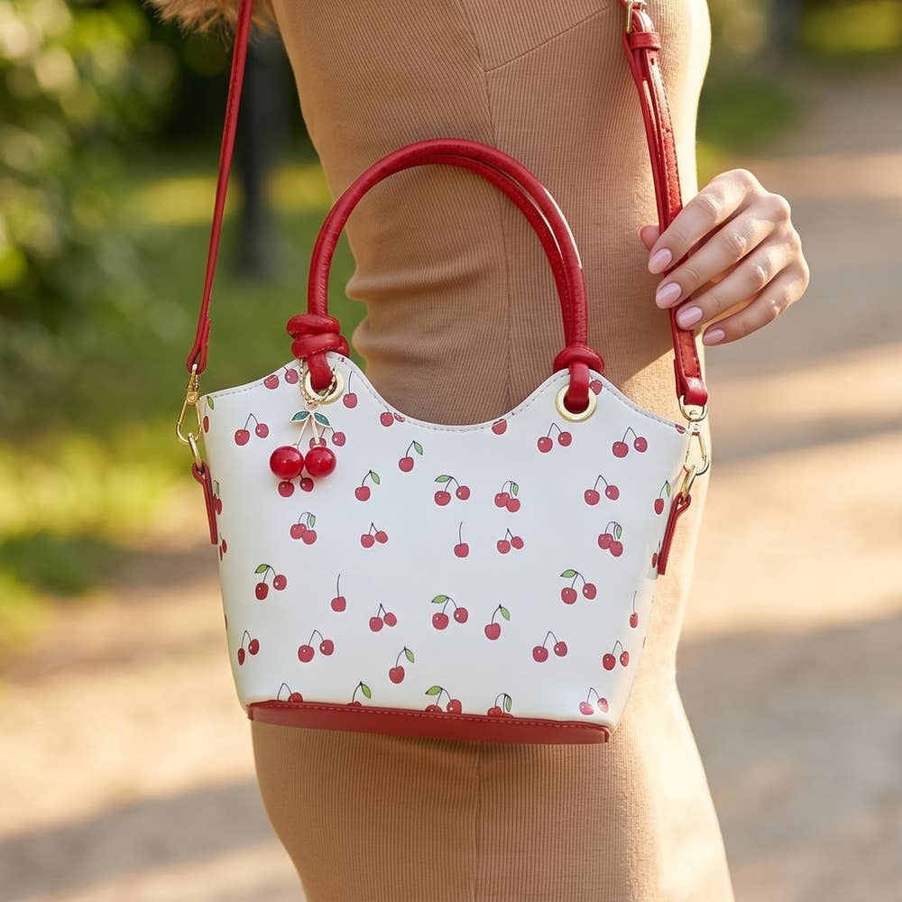Cherry Print Mini Bucket Tote Bag