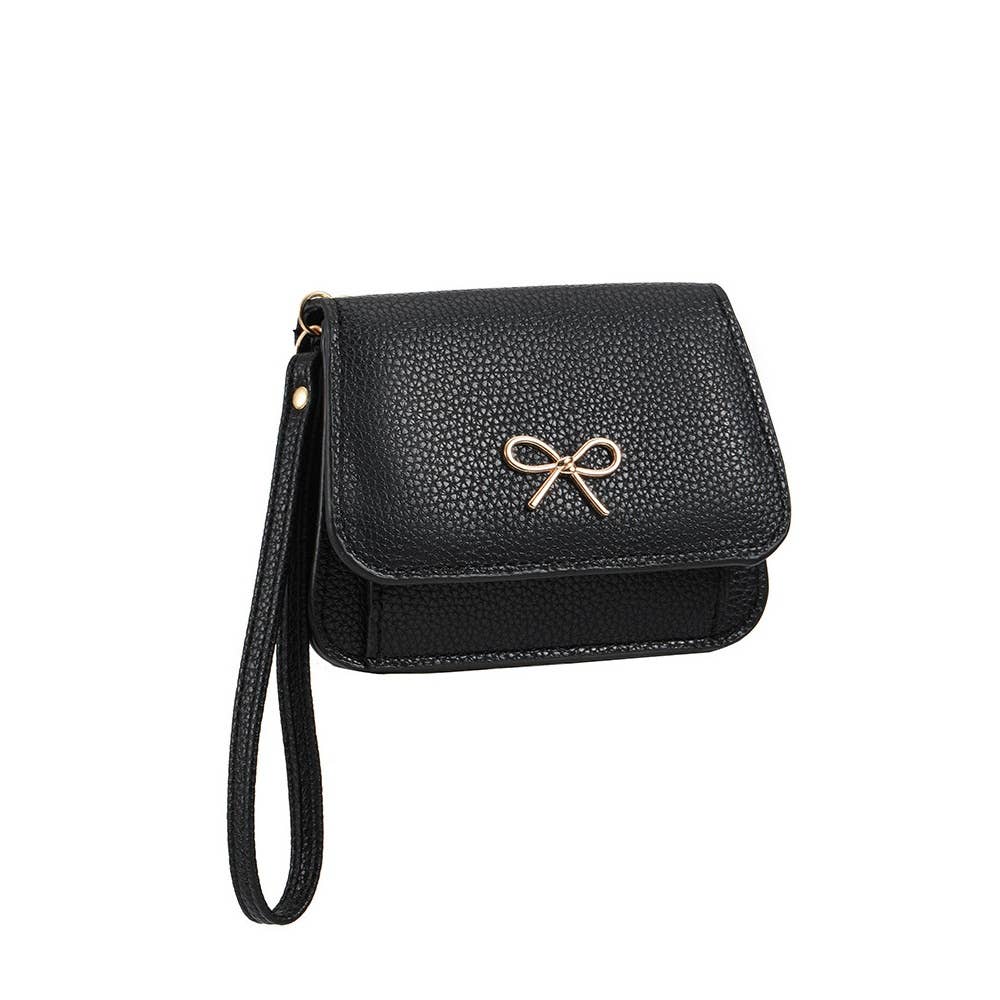 Bow Charm Vegan Leather Flap Wristlet