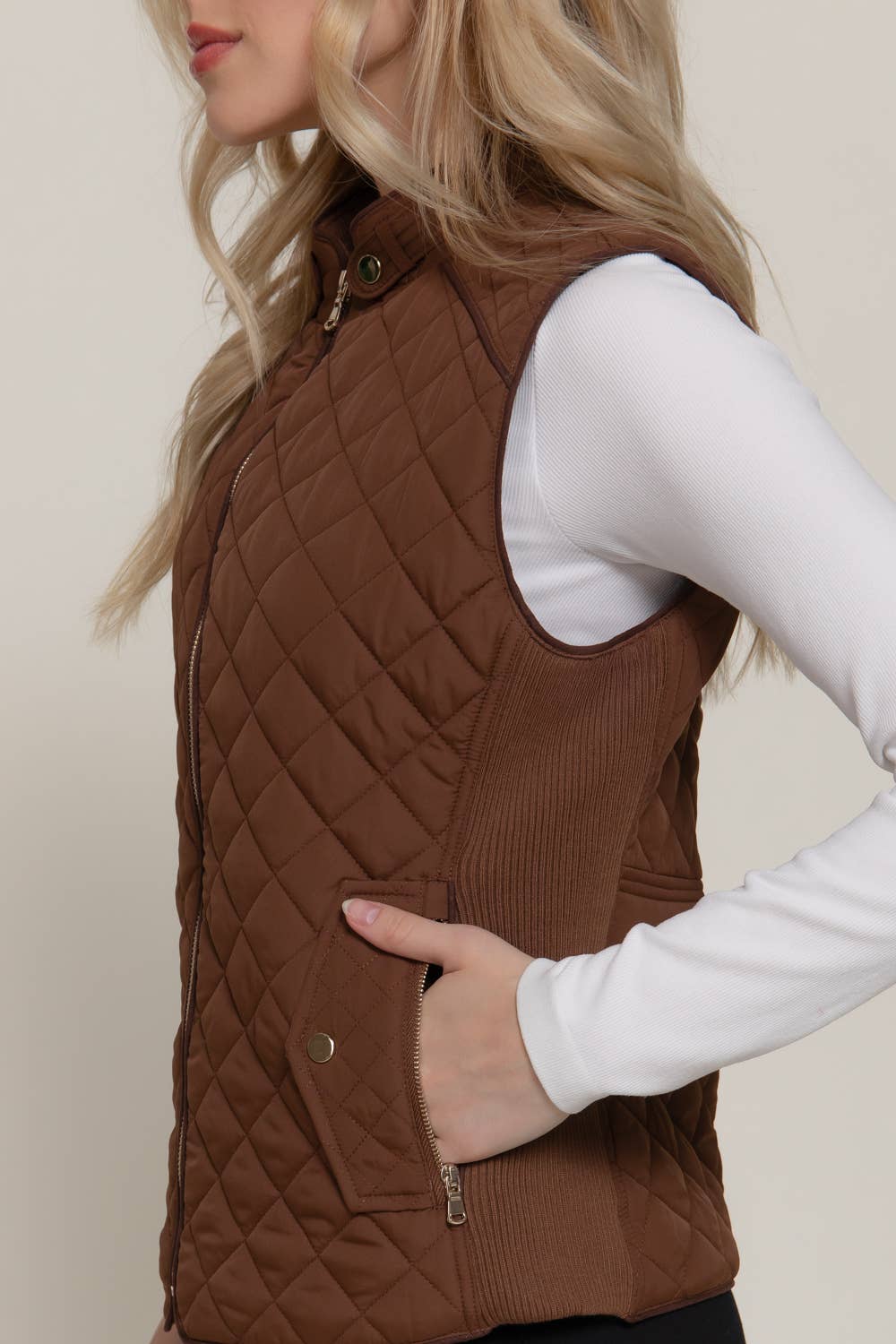 Suede Piping Detail Rib Quilted Padding Vest