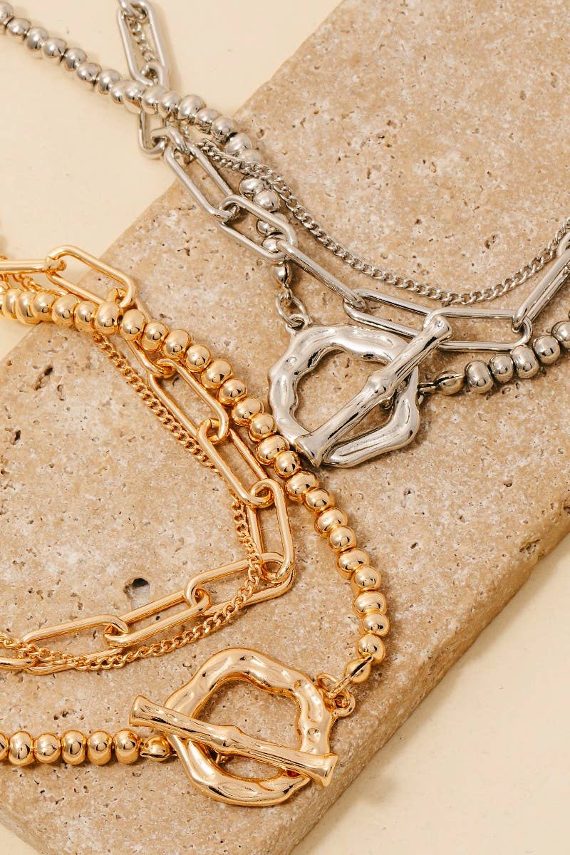 Warped Hoop Pendant Beaded And Chain Layered Necklace