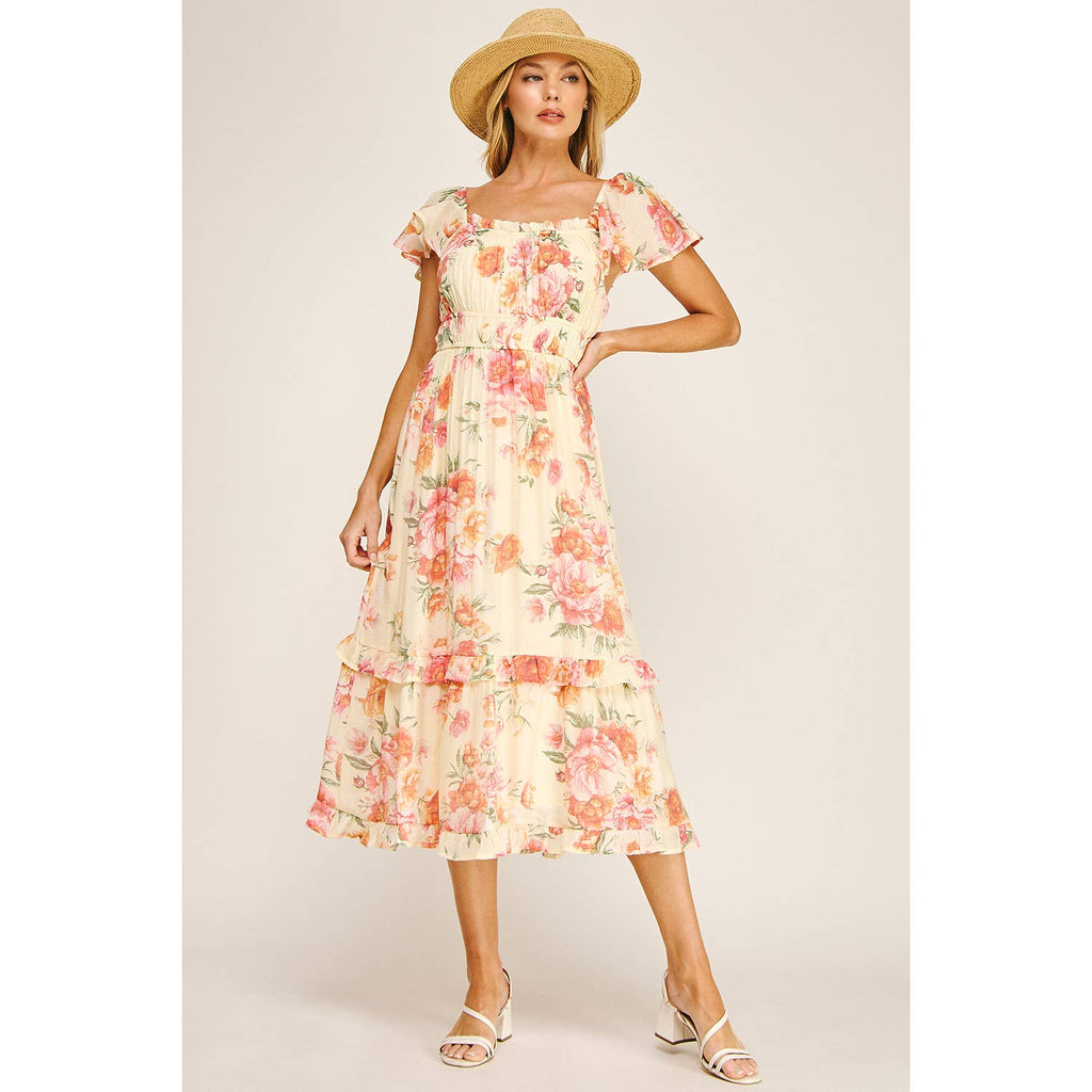 FLUTTER SLEEVE FLORAL TIERED MIDI DRESS
