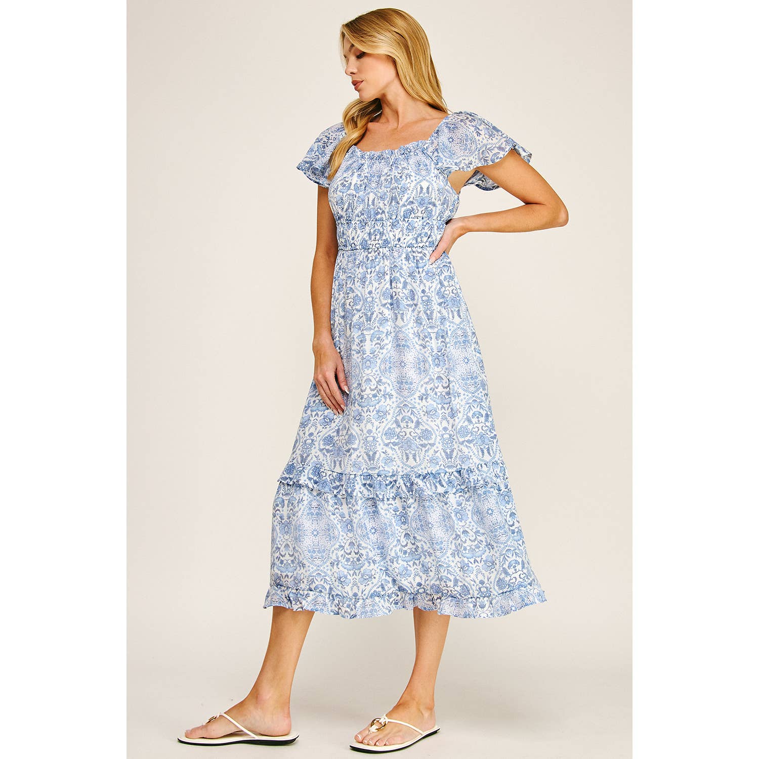 FLUTTER SLEEVE FLORAL TIERED MIDI DRESS