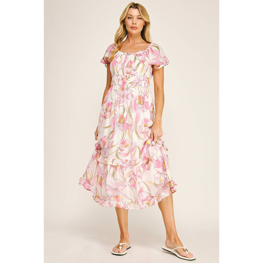 FLUTTER SLEEVE FLORAL TIERED MIDI DRESS