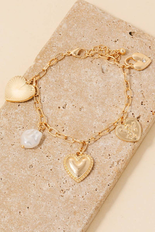 Mixed Heart And Pearl Charm Chain Bracelet