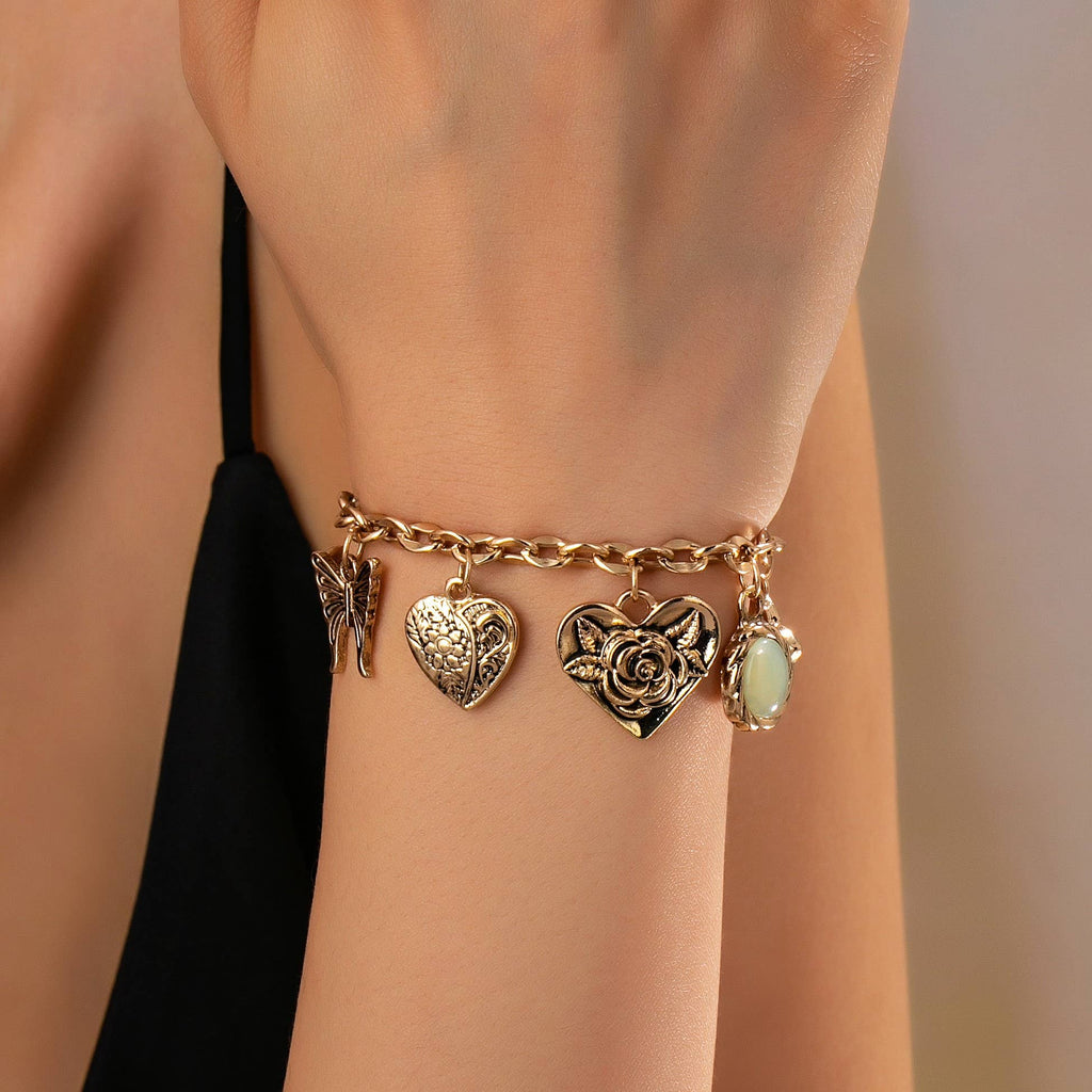 Gold Charm Bracelet with Hearts & Flowers | 80B1652