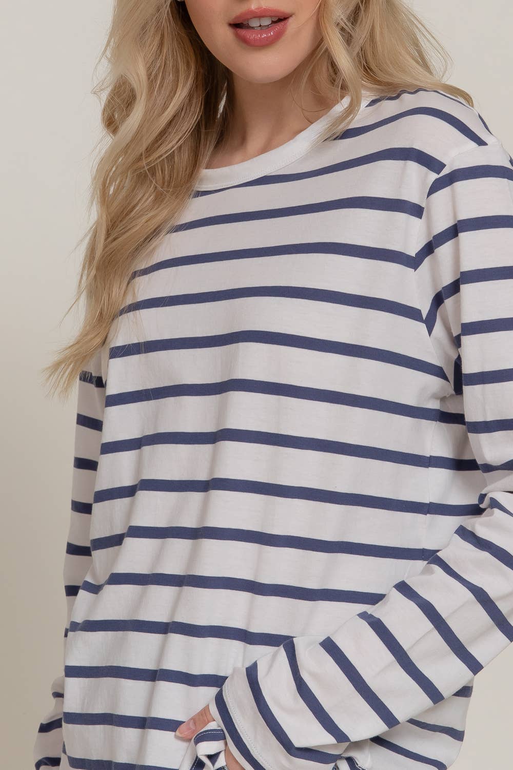 Long Sleeve Round Neck Neck Y/D Stripe Tee