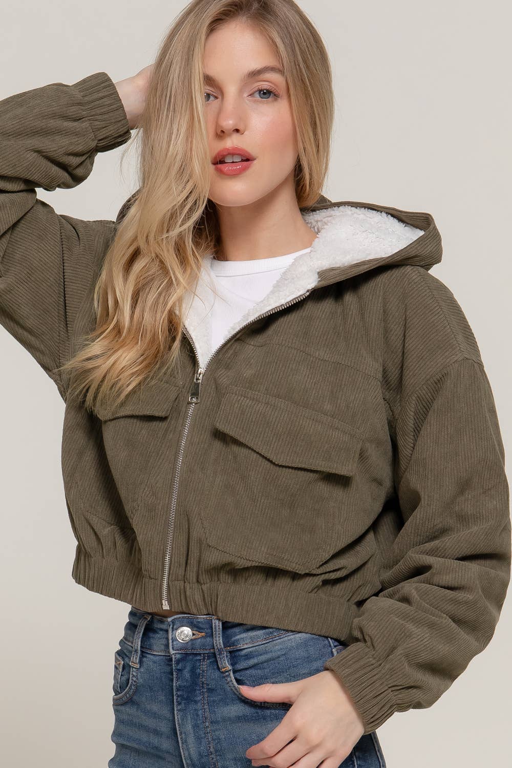 Long Sleeve Hoodie Inside Fur Corduroy Zip Up Jacket